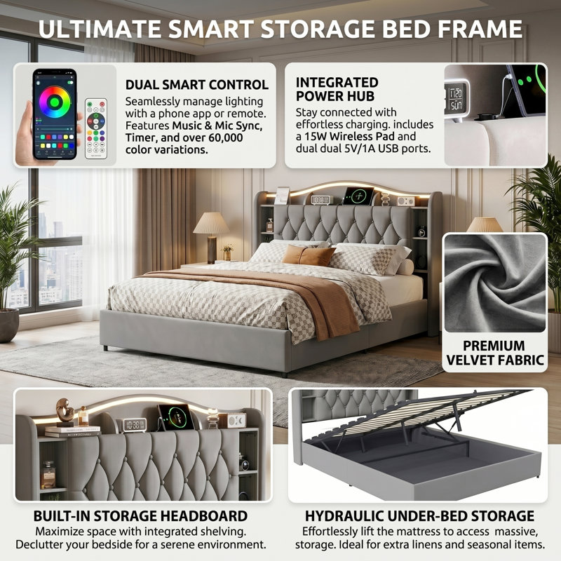 EU Double & King Velvet Ottoman Bed with Smart LED & Wireless Charging, Storage Headboard, 140/160x200cm in Grey/Beige, Grey