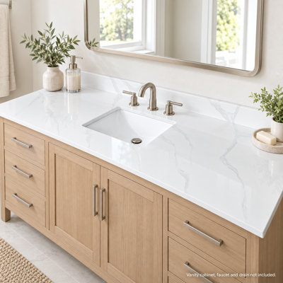 61" Carrara White Engineered Quartz Bathroom Vanity Top with Single Sink, Undermount Basin, 3 Faucet Holes