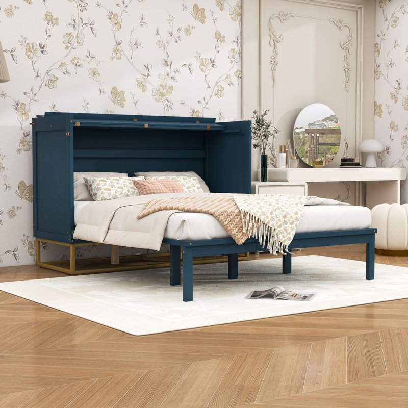 Grand lit escamotable en bois avec lattes, Bleu