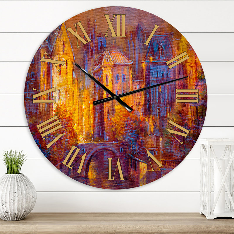 Cityscape By The River II - Horloge murale moderne, Moyen