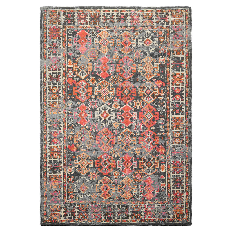 Tapis transitionnel indo tibétain gris en laine noué à la main 6 pi 2 po x 8 pi 11 po