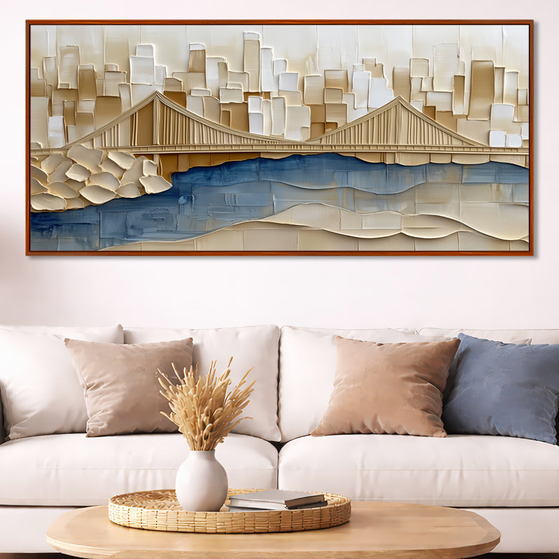 Vue panoramique du Golden Bridge - Tableau encadré, H 28 po x l 60 po, Cadre flottant brun