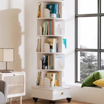 White Floor Standing 6 Tier Drawer 360 Rotating Corner Bookshelf, Wood Narrow Book Shelf Organizer For Small Bedroom Apartment Areas Degree Dorm
