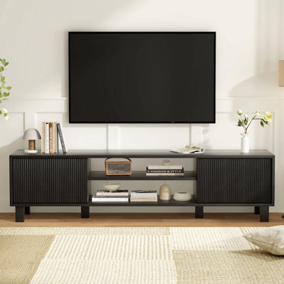 Meuble télé moderne pour téléviseur de 70 po ou moins, grande console multimédia avec rangement et tablettes ouvertes, centre de divertissement élégant pour le salon