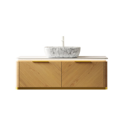 Meuble-lavabo 48 po: armoire flottante pré-assemblée avec tiroirs, système de tiroir à fermeture en douceur, capteur, pierre frittée dorée et lavabo en marbre blanc, armoire de rangement en contreplaqué à l'apparence foncée, tiroirs