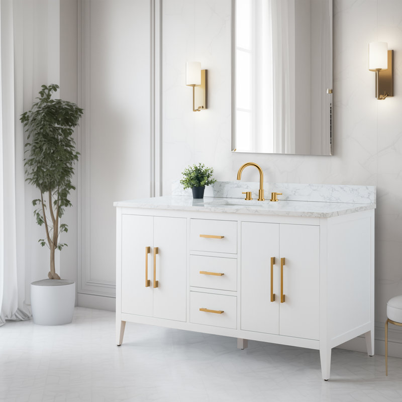 60'' Single Bathroom Vanity with Engineered Marble Top, White, Golden Brushed