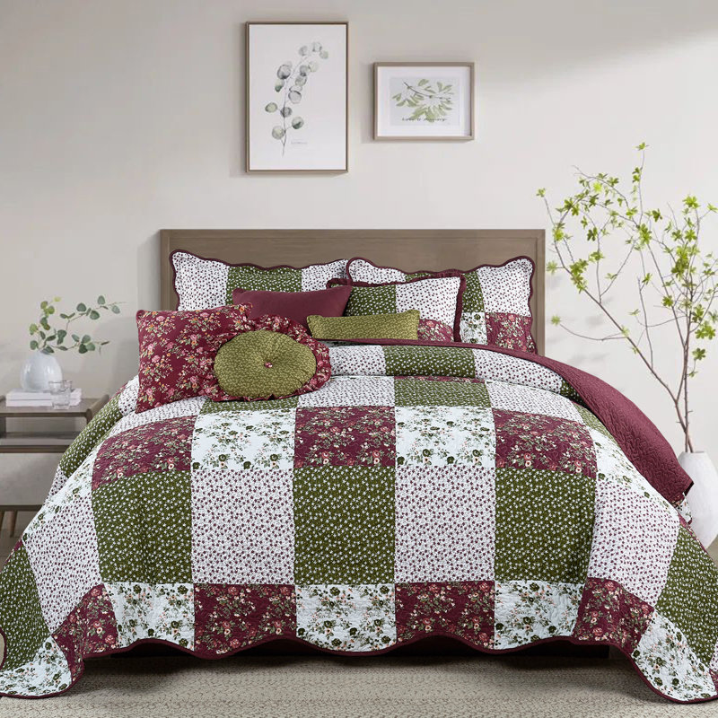 8 Piece Patchwork Bedspread Set, Burgundy, King Quilt + 4 Shams + 3 Throw Pillows