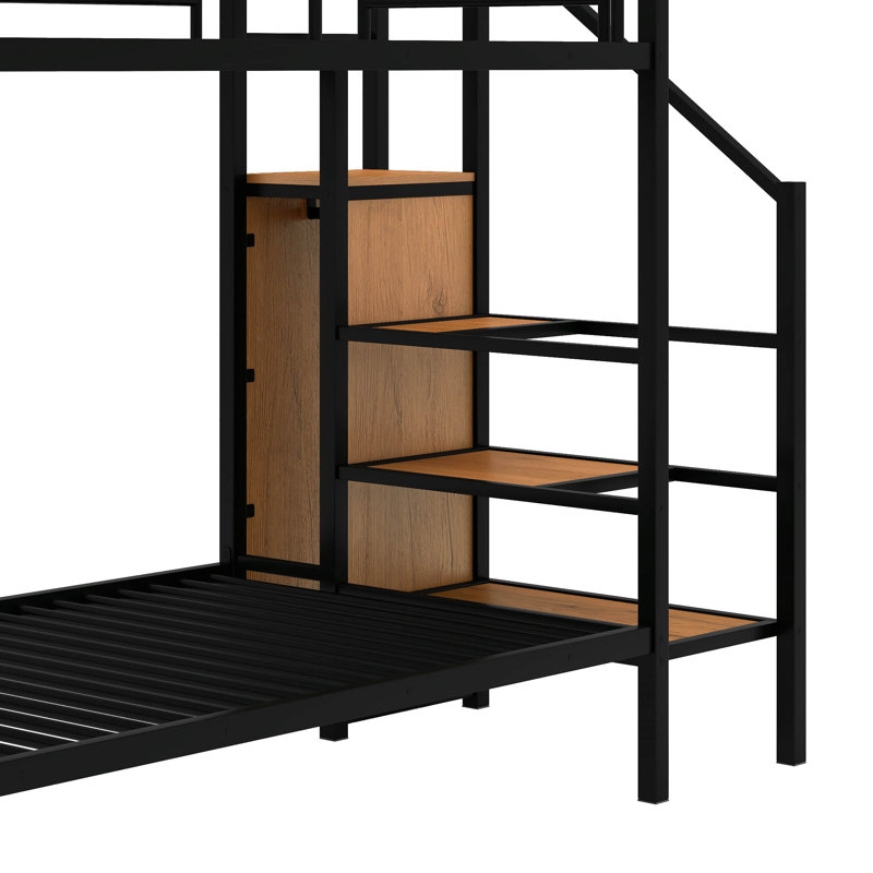 A Full-Sized Over Full-Sized Metal Bunk Bed, Equipped With A Lateral Storage Ladder And A Wardrobe, Black, Full Over Full