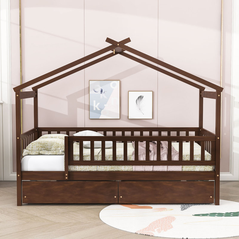 Heulwen Two Drawers Wooden House Bed, Walnut, Twin