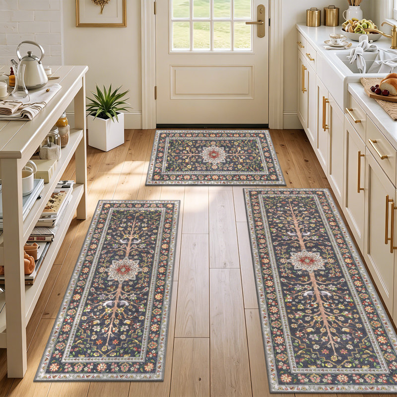 Machine Washable Non-Slip Kitchen Mat, Gray/Yellow/Red
