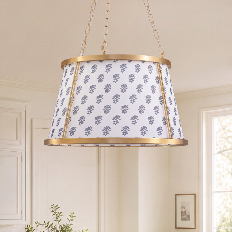 Lustre tambour 4 lumières à intensité variable avec finition dorée et abat-jour en tissu
