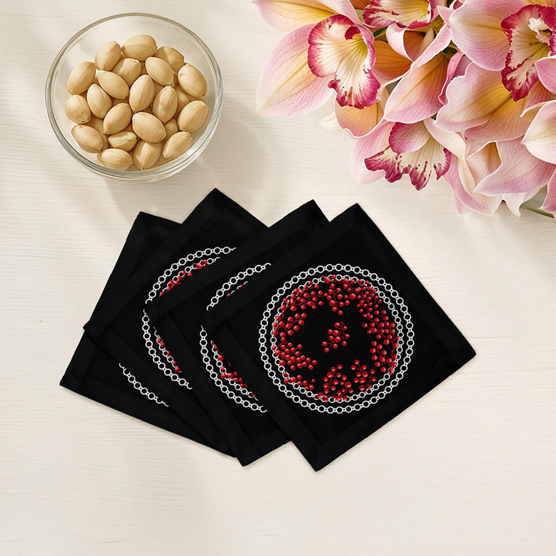 Christmas Berries Cotton Sateen Cocktail Napkins, Red Black