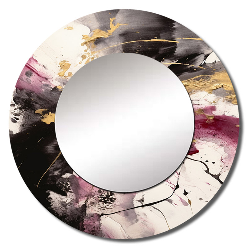 Or et rose fluides Fusion II - miroir mural abstrait unique, miroir rond doré, impression sur métal, 29 po x 29 po
