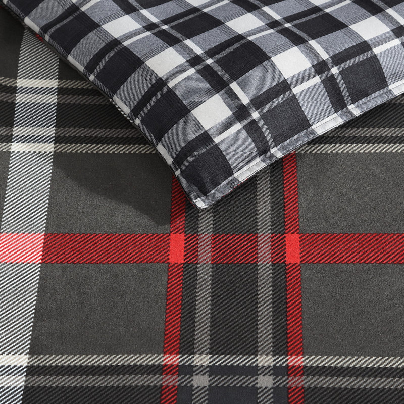 Willow Plaid Reversible Gray and Red Microfiber Queen Duvet Set