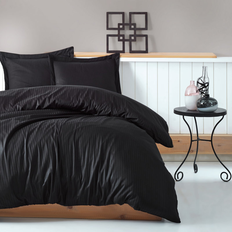 Ensemble de housse de couette en satin noir profond, ensemble de grande taille 100% coton turc de grande qualité, 1 housse de couette, 1 drap-housse et 2 taies d'oreiller, hypoallergénique