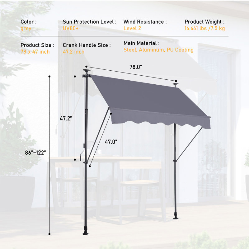 Auvent rétractable manuel - Pare-soleil d'extérieur sans vis de 78 po avec protection contre les rayons UV - auvent 100% polyester