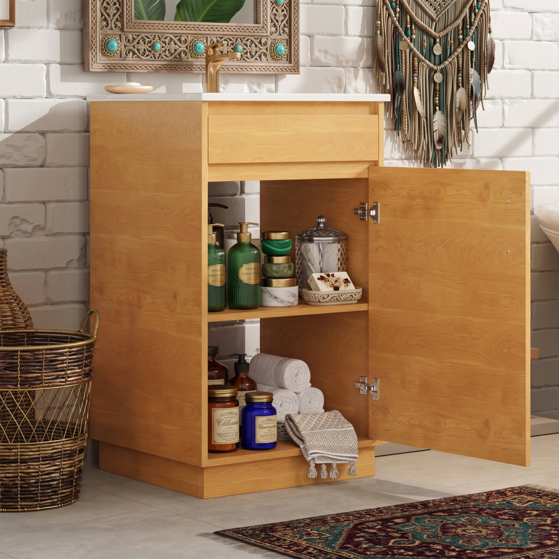 Meuble-lavabo simple de 20 po avec lavabo en céramique intégré - Armoire de rangement autoportante en grain de bois pour salles d'eau - Porte à fermeture en douceur - Naturel