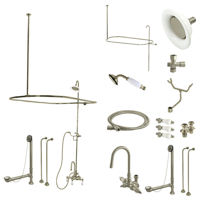 Kingston Brass Vintage Three-Handle 2-Hole Tub Wall Mount Clawfoot Tub Faucet Package with Shower Enclosure and Hand Shower