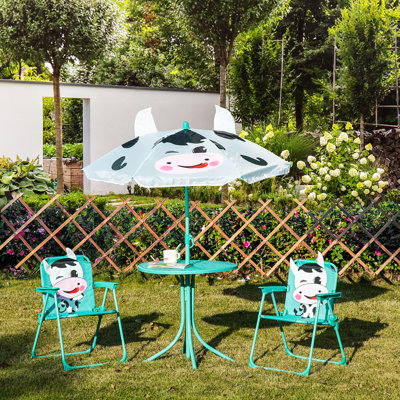 Ensemble de table et de chaises pour enfants, mobilier de jardin pliant pour l'extérieur, table de pique-nique pour la cour arrière, avec motif de vache laitière, parasol amovible et réglable en hauteur, âgés de 3 à 6 ans, blanc
