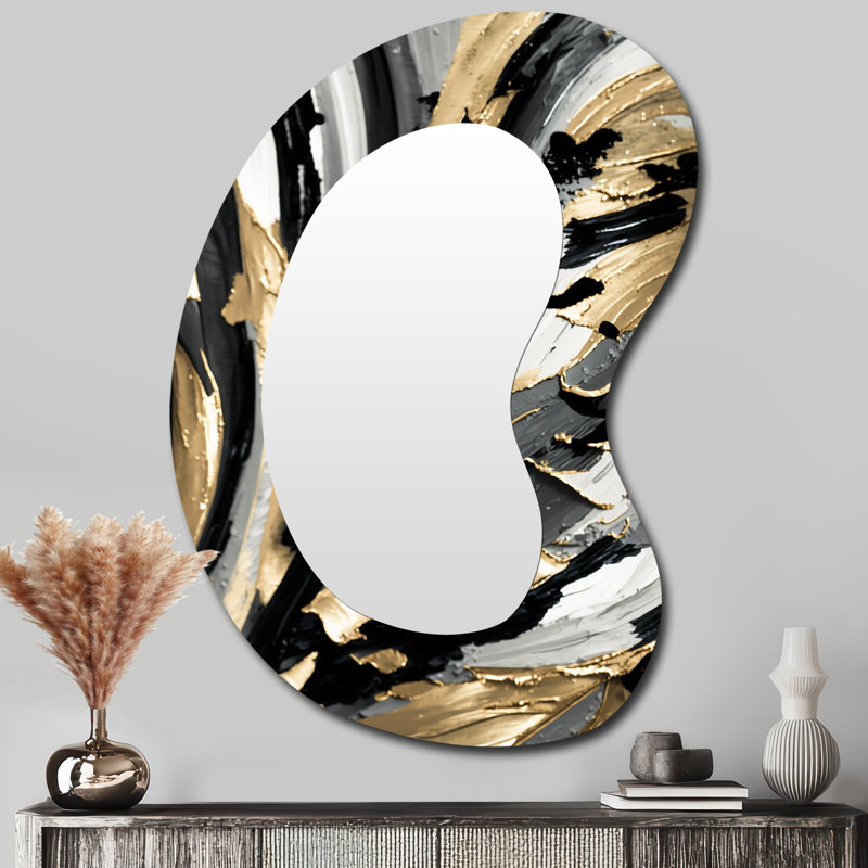 "Eutropio" Rythme du plaisir abstrait noir et or I - peinture abstraite de forme irrégulière, miroir mural unique, miroir asymétrique moderne, impression d'art en métal