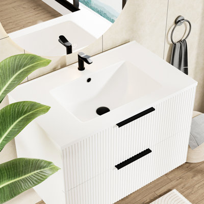 Meuble-lavabo mural blanc de 76 cm (30 pouces), design suspendu, grand tiroir de rangement, fini céramique lisse, sans lavabo, installation facile, solution idéale.