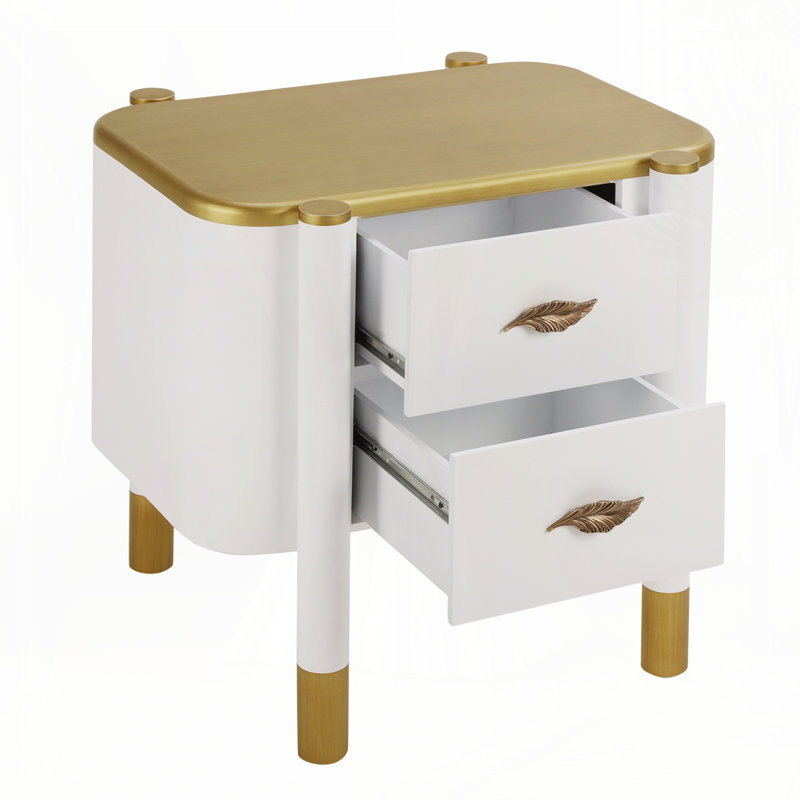 Table de chevet 2 tiroirs avec profil incurvé, table de chevet avec poignées en forme de plumes en métal et pieds exposés