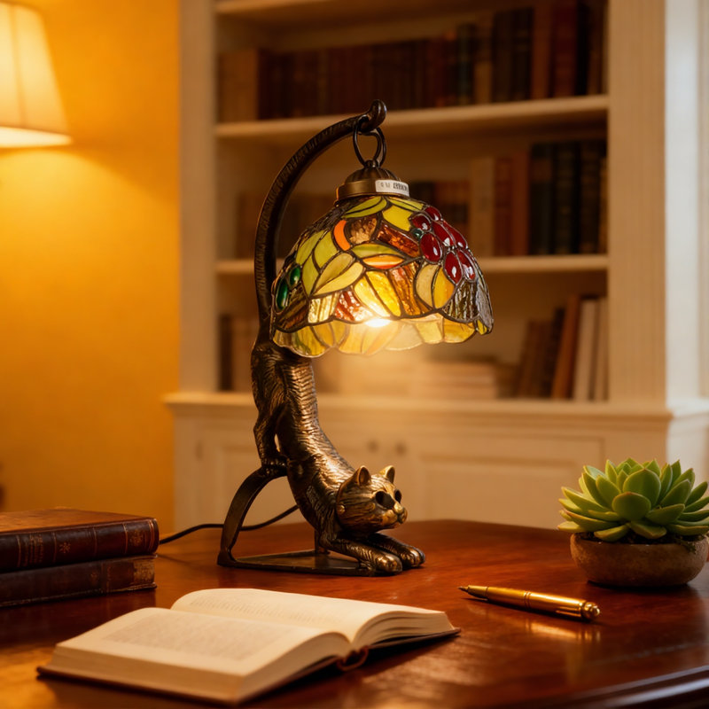 Lampe de table 15,3 po de style Tiffany avec base en résine et lampe en verre coloré avec ampoule