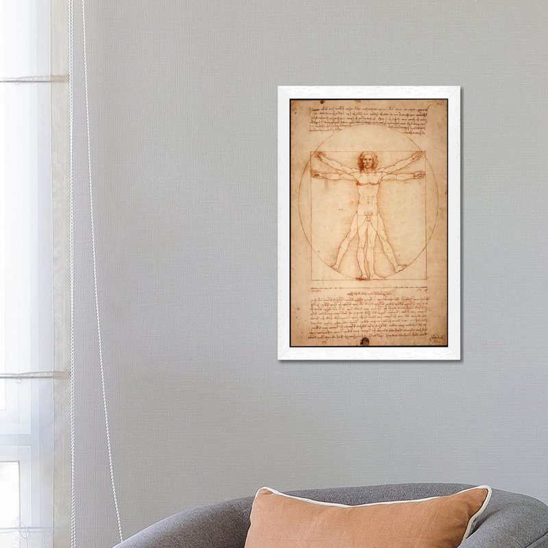 Vitruvian Man by Leonardo Da Vinci - Painting on Canvas, 152.5 cm H x 101.5 cm W, White Floater Framed