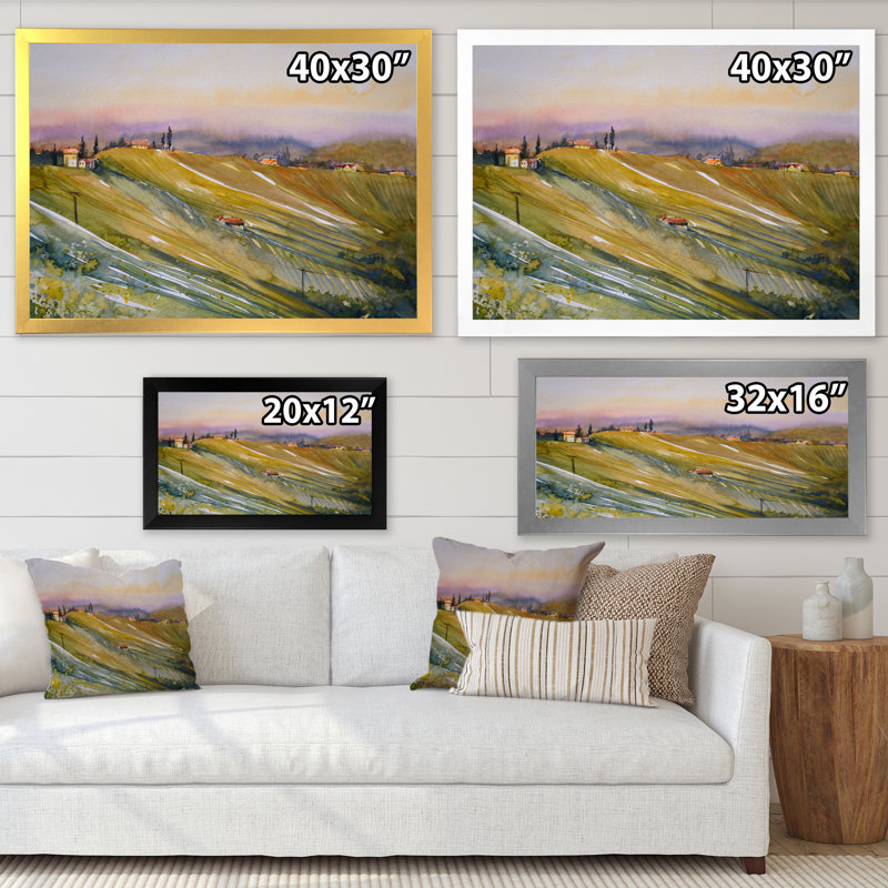 «Italian Vineyard pendant le coucher du soleil», peinture sur toile, H 16 po x l 32 po, Toile avec cadre photo argenté