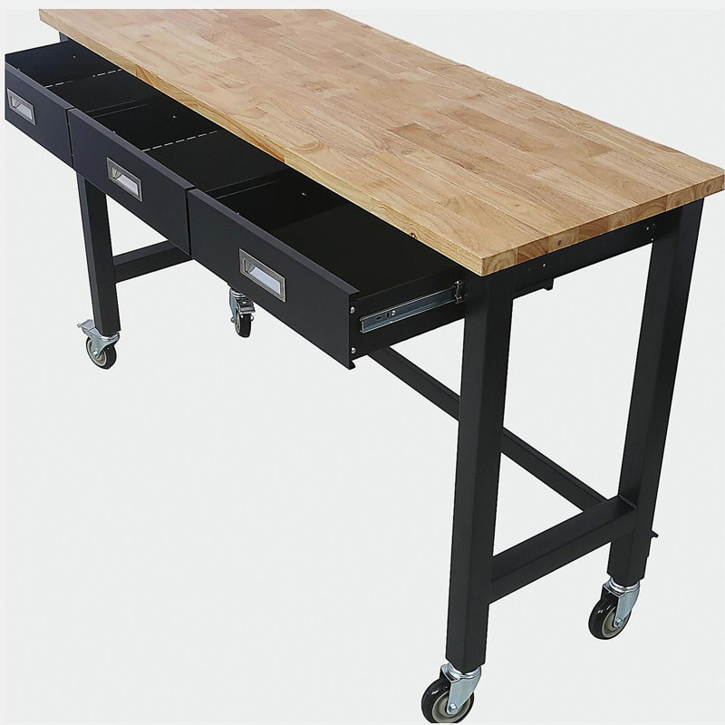 Table de 60 pouces avec rangement pour tiroir, table en bois de bambou robuste avec roulettes, convenant au garage