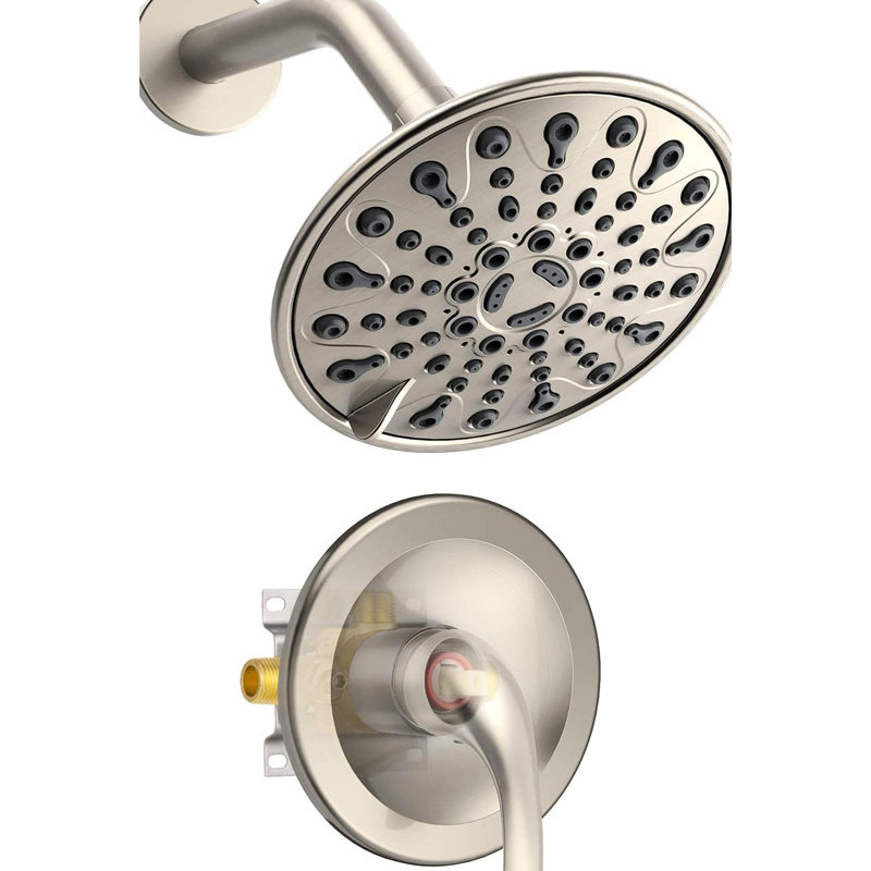 Douche murale à une poignée à 6 jets, avec valve intégrée et motif réglable inclus, joint à 360 ° sur la tête, trous pour l'entretien, finition en plastique nickel brossé