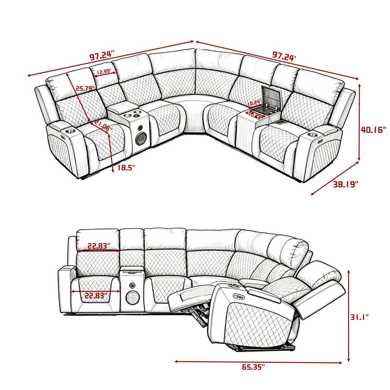 Canapé modulaire inclinable électrique avec haut-parleurs Bluetooth, brun clair à DEL, Brun