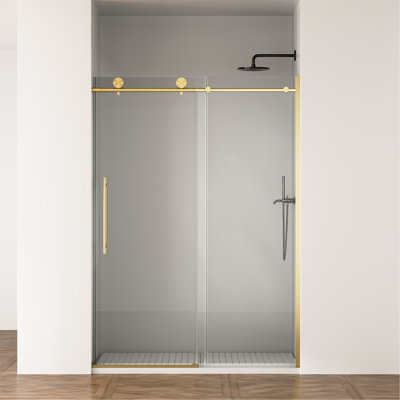 Porte de douche sans cadre l 50 à 54 po x H 75 po, porte de douche coulissante avec porte de douche en verre trempé transparent de 5/16 po (8 mm), salle de bain facile à nettoyer, conception silencieuse à fermeture douce, facile à installer, or brossé