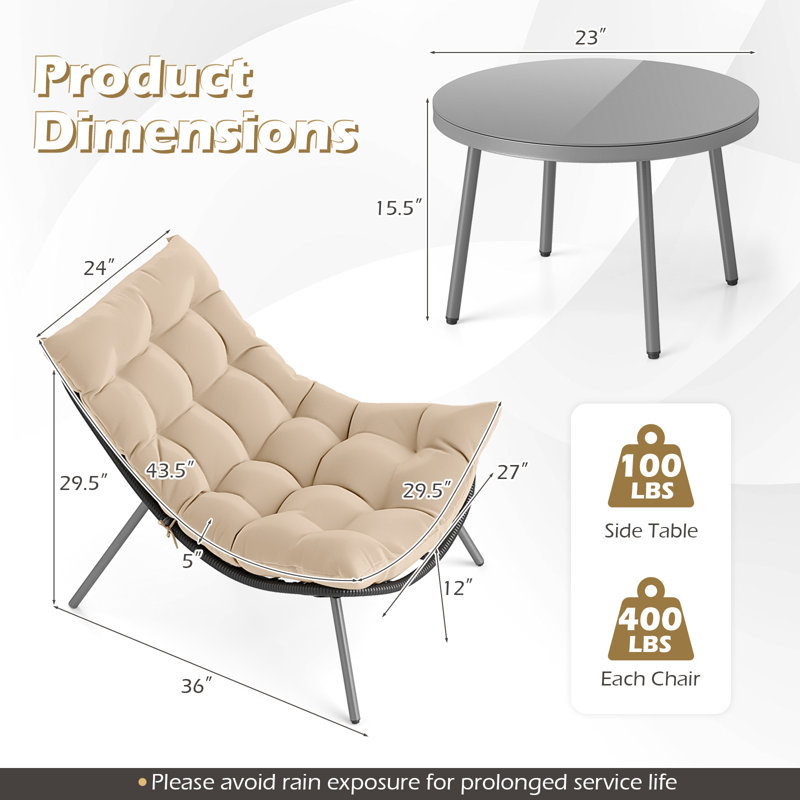 Ensemble de 3 meubles de patio avec chaises basses Papasan et table basse en verre trempé