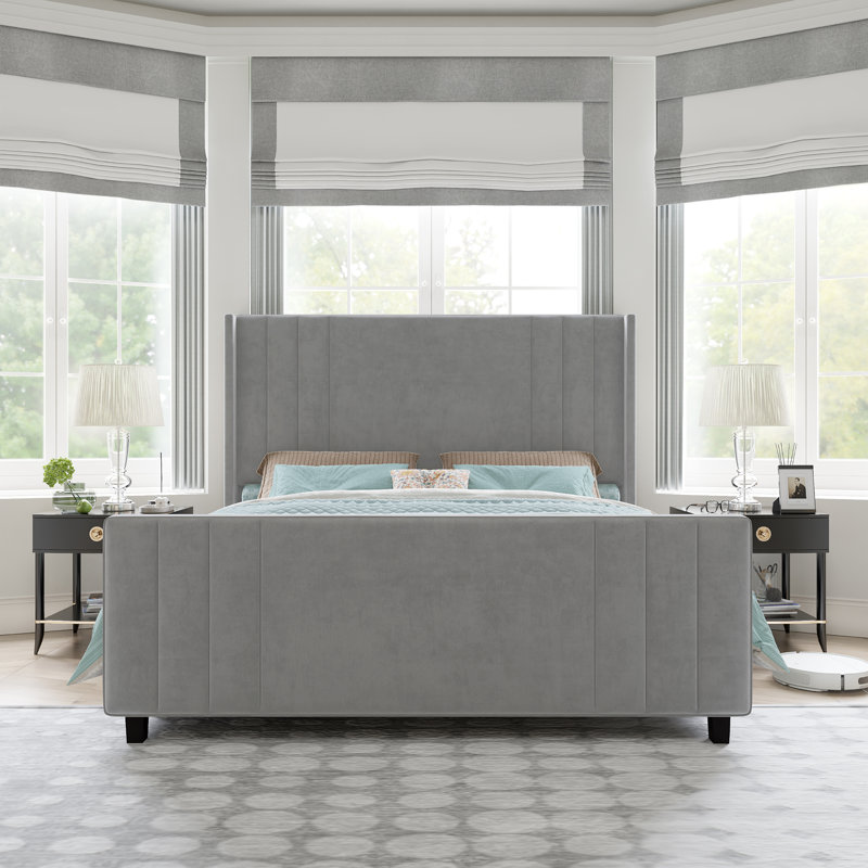 Light Gray Velvet Upholstered Queen Bed with Tufted Headboard