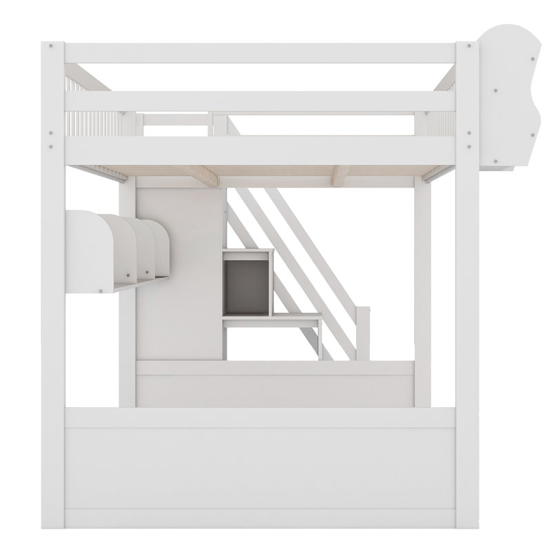 Queen Size Wooden Loft Bed with Staircase, Wardrobe, Storage Shelves, Under-Bed Space, White, White