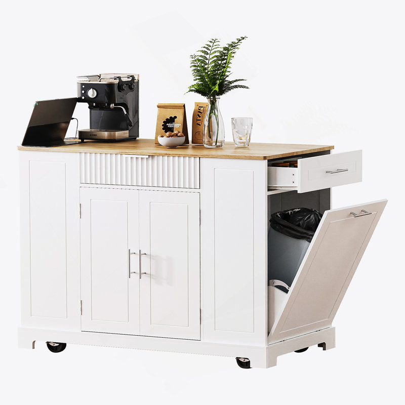 Îlot de cuisine cannelé avec armoire de rangement pour poubelle, prise de courant, support de rangement interne, îlots de cuisine roulants sur 5 roues avec 3 tiroirs, 3 supports latéraux ouverts pour poubelle de 10 gallons, blanc