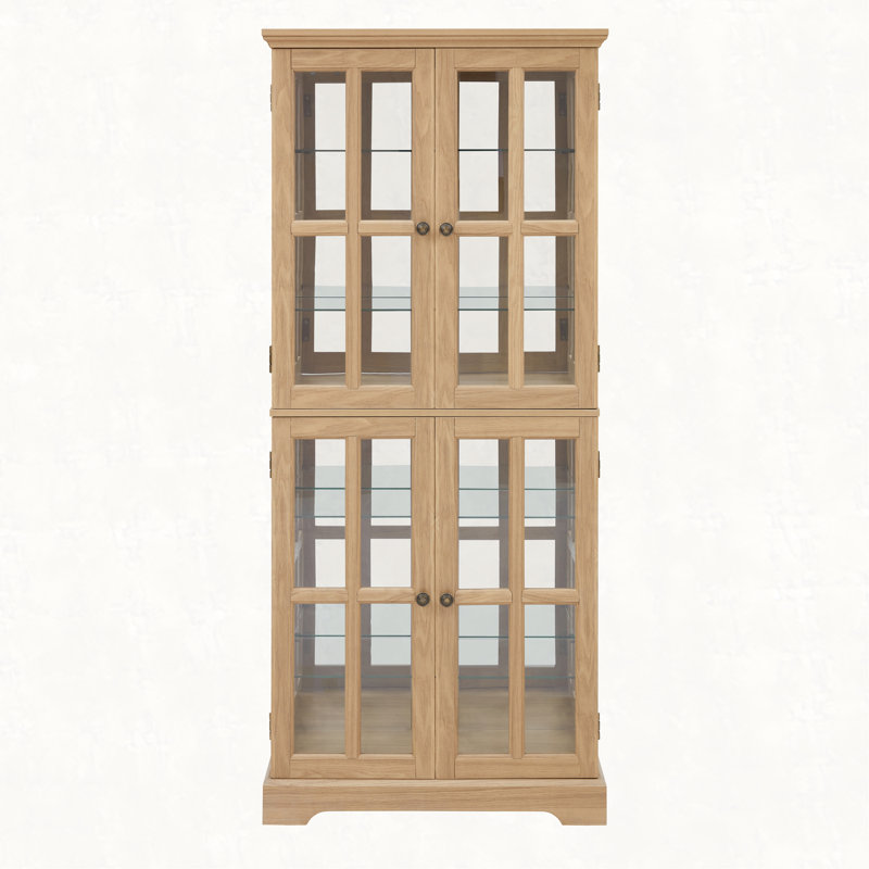Curio Display Cabinet,Antique Display Cabinet with Glass Doors Adjustable Shelves for Collectibles Four Door Design Vintage Showcase for Home or Office Antique Display Case E26 Bulb Included
