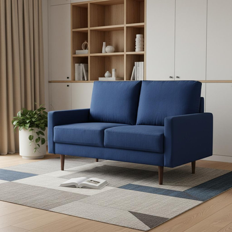  Causeuse 57 po en velours bleu et brun foncé, Velours bleu