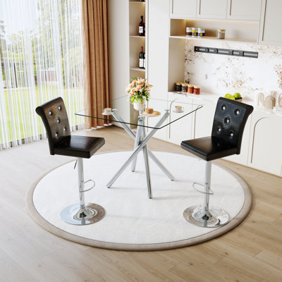 Modern Glass Bar Table And Adjustable Bar Stools For Kitchen Island, Home Bar, Small Space