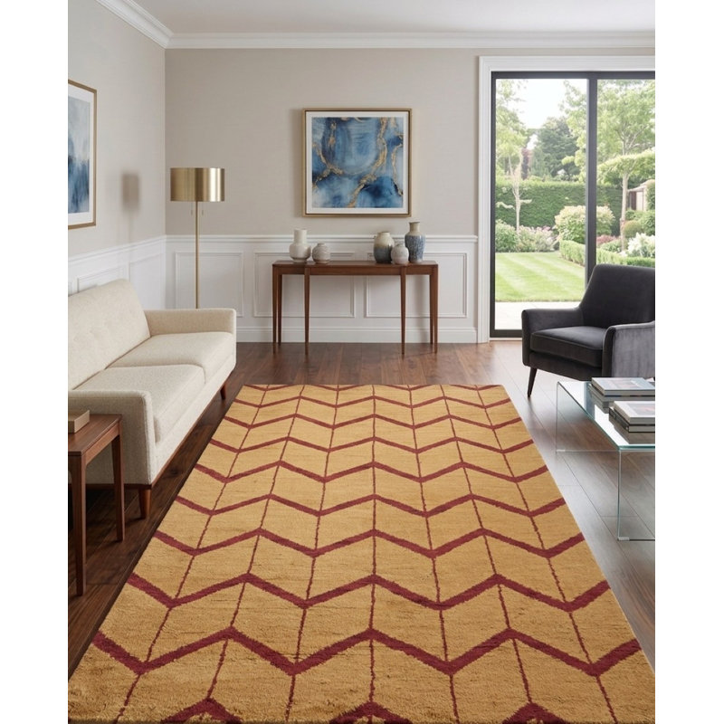 Gold | Red Wool Handmade Geometric Indoor Area Rugs Hand Knotted Rectangle, Rectangle 5' x 8'