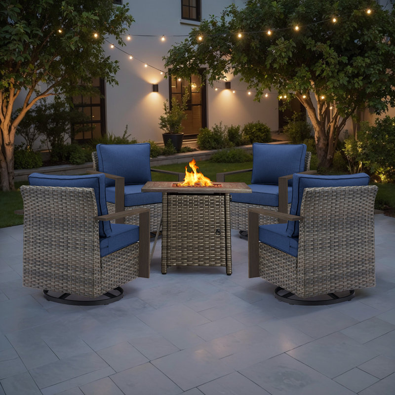 Drazen 4 - Person Patio Furniture Set With Fire Pit Table, All-Weather Wicker Outdoor Conversation Set With Chair And Thick Cushions