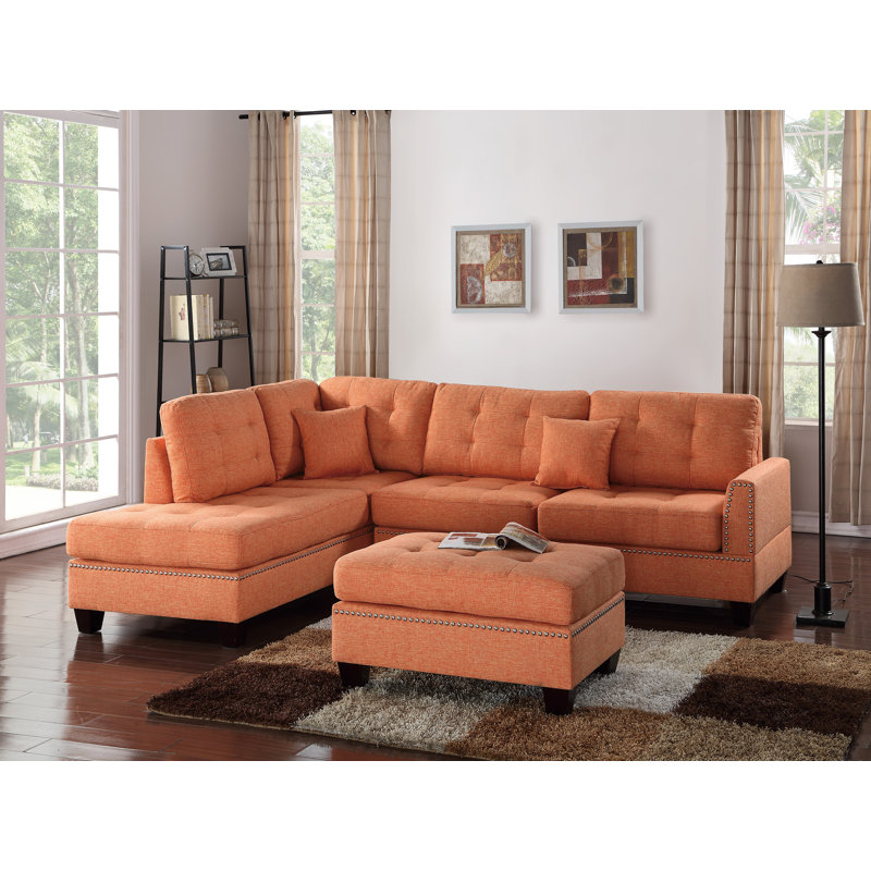 Ensemble de canapé modulaire réversible 3 pièces avec repose-pieds de couleur agrume