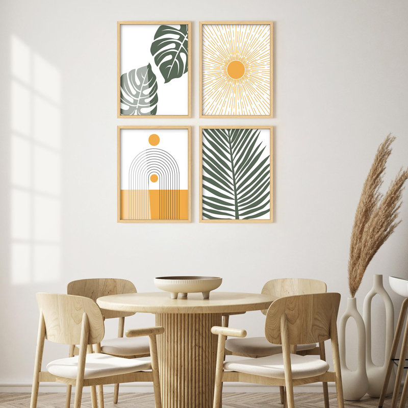 "Feuilles de Monstera tropicales - Boho géométrique - Illustration murale de feuilles de palmier" - 4 pièces, Or