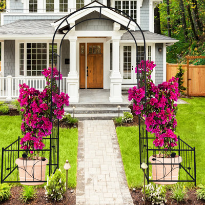 Arche de jardin en métal avec plateformes pour plantes, 79,5 po x 86,6 po, noire, décorant des plantes grimpantes - lierre, rose, gloire du matin, jasmin