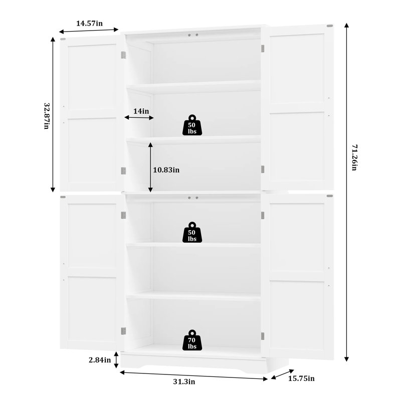 Ensemble de rangement pour salle de bain deux pièces - Armoire en panneau de fibres à densité moyenne de 71 po de hauteur avec finition blanche élégante et poignées noires