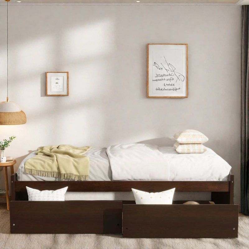 Lit à design minimaliste avec 2 tiroirs, Espresso