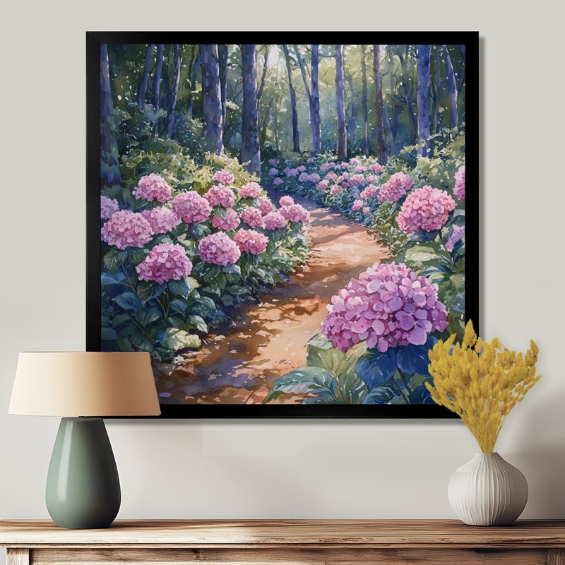 Hydrangeas In The Forest Path - Hydrangea Wall Art, Single Picture Framed Print, Black, 16" H x 16" W
