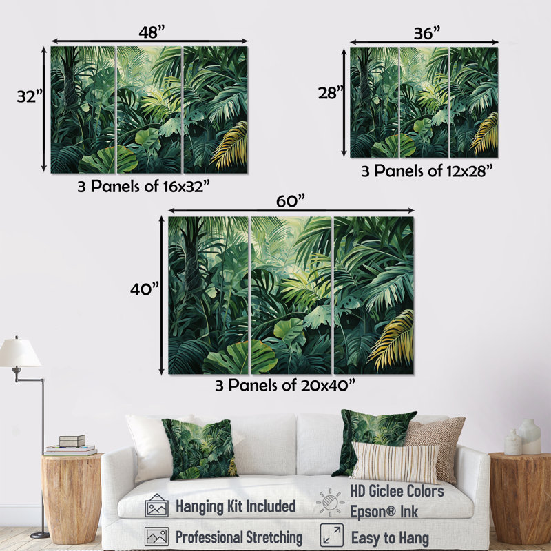 Jade, jungle épaisse, jungle de palmiers II, H 28 po x l 36 po, Toile tendue