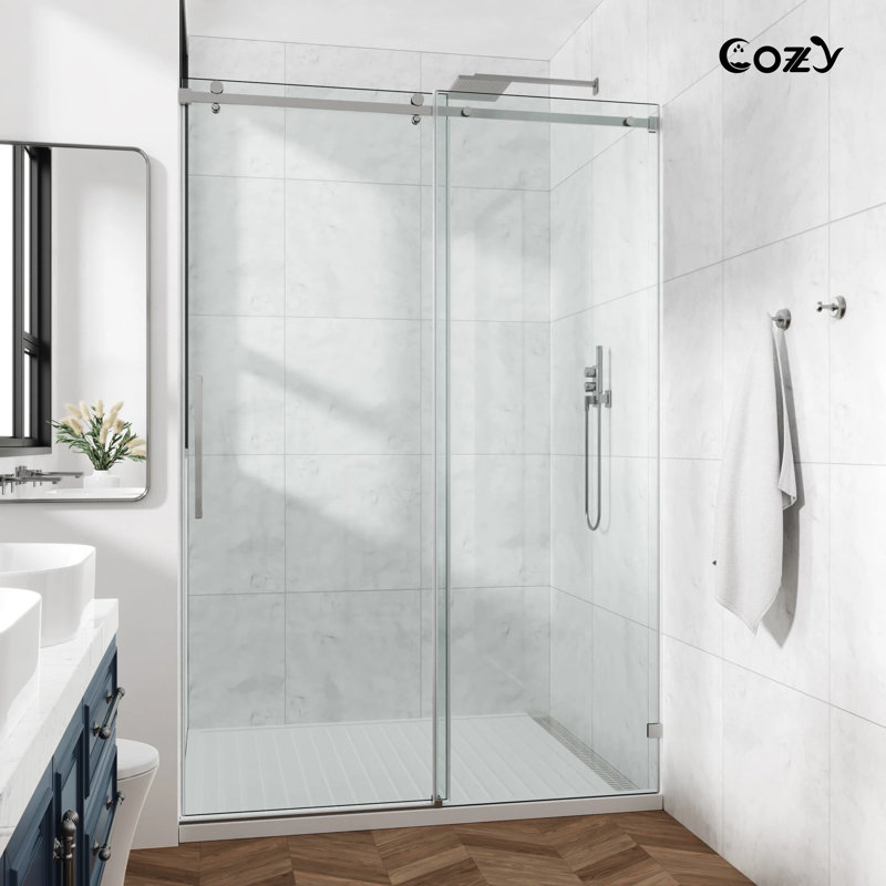 56-61" W X 76" H Frameless Single Sliding Shower Door with 3/8" (10mm) Clear Tempered Glass, Shatter-Resistant Film & Installation Hole Locator - Square Top Rail